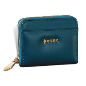 Tamno plavi kožni novčanik sa zlatnim zatvaračem i logoom brenda Princ Leather.