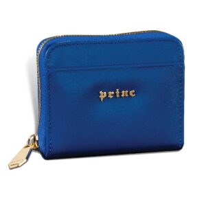 Kraljevsko plavi kožni novčanik sa zlatnim zip zatvaračem i metalnim slovima "prince". Brend: Princ Leather.