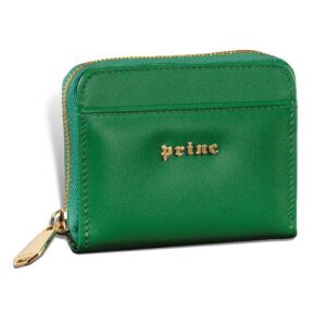 Zeleni kožni novčanik sa zlatnim zatvaračem i logotipom Princ Leather.