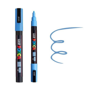 Plava Posca markica sa poklopcem. Crtež plave krivulje pored markera.