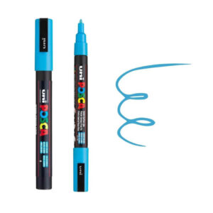 Plavi marker brenda Posca sa otvorenim poklopcem i nacrtanom linijom.