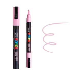 Ružičasti Posca marker sa crnim telom i uzorcima linija nacrtanih ružičastim mastilom.