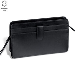 Crna kožna torba brenda Princ Leather sa podebljanim šavovima i remenom.