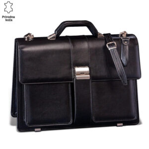 Crna kožna torba Princ Leather sa metalnom kopčom i podesivim kaišem.