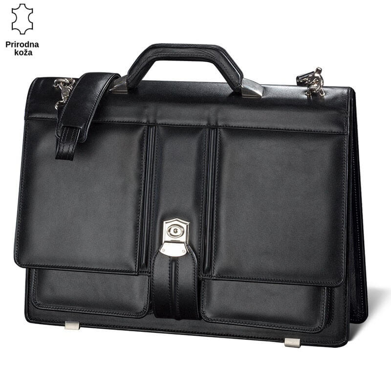 407-2-copy Crna kožna poslovna torba Princ Leather sa sigurnosnim bravama i ručkom na vrhu.