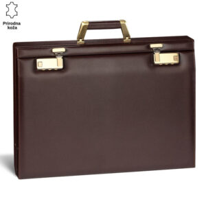 Tamnosmeđi kožni kofer sa zlatnim ručkama brenda Princ Leather.