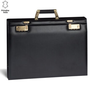 Crna kožna tašna marke Princ Leather sa zlatnim metalnim kopčama.