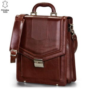 Smeđa kožna torba sa naramenicom i metalnom bravom