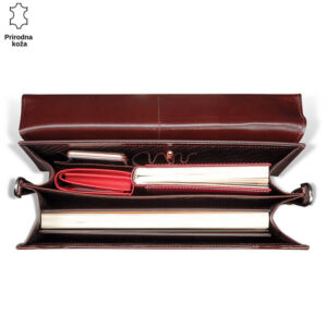 Muška kožna tašna braon boje otvorena i popunjena iznutra sa rokovnikom, sveskom, futrolom i telefonom