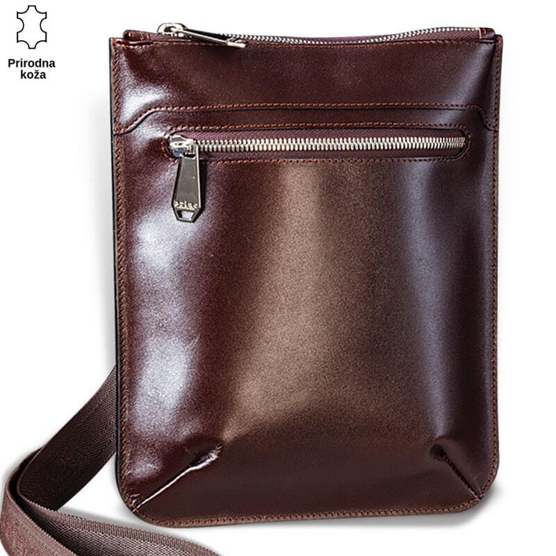 435-1-copy Braon kožna torba brenda Princ Leather sa rajsferšlusom i podesivim kaišem.