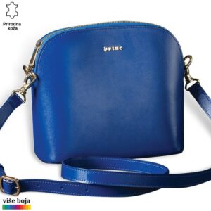 Plava kožna torba Princ Leather sa zlatnim metalnim detaljima i podesivim kaišem.