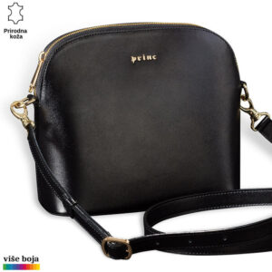 Crna kožna torba sa zlatnim detaljima i dugim kaišem