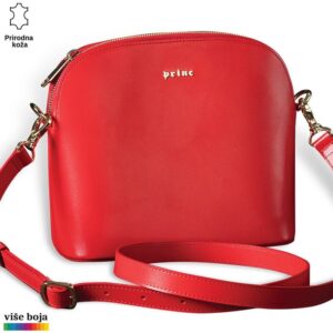 Crvena kožna torba sa zlatnim detaljima i logom Princ Leather.