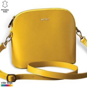 Žuta kožna torba brenda Princ Leather sa kaišem i zlatnim detaljima.