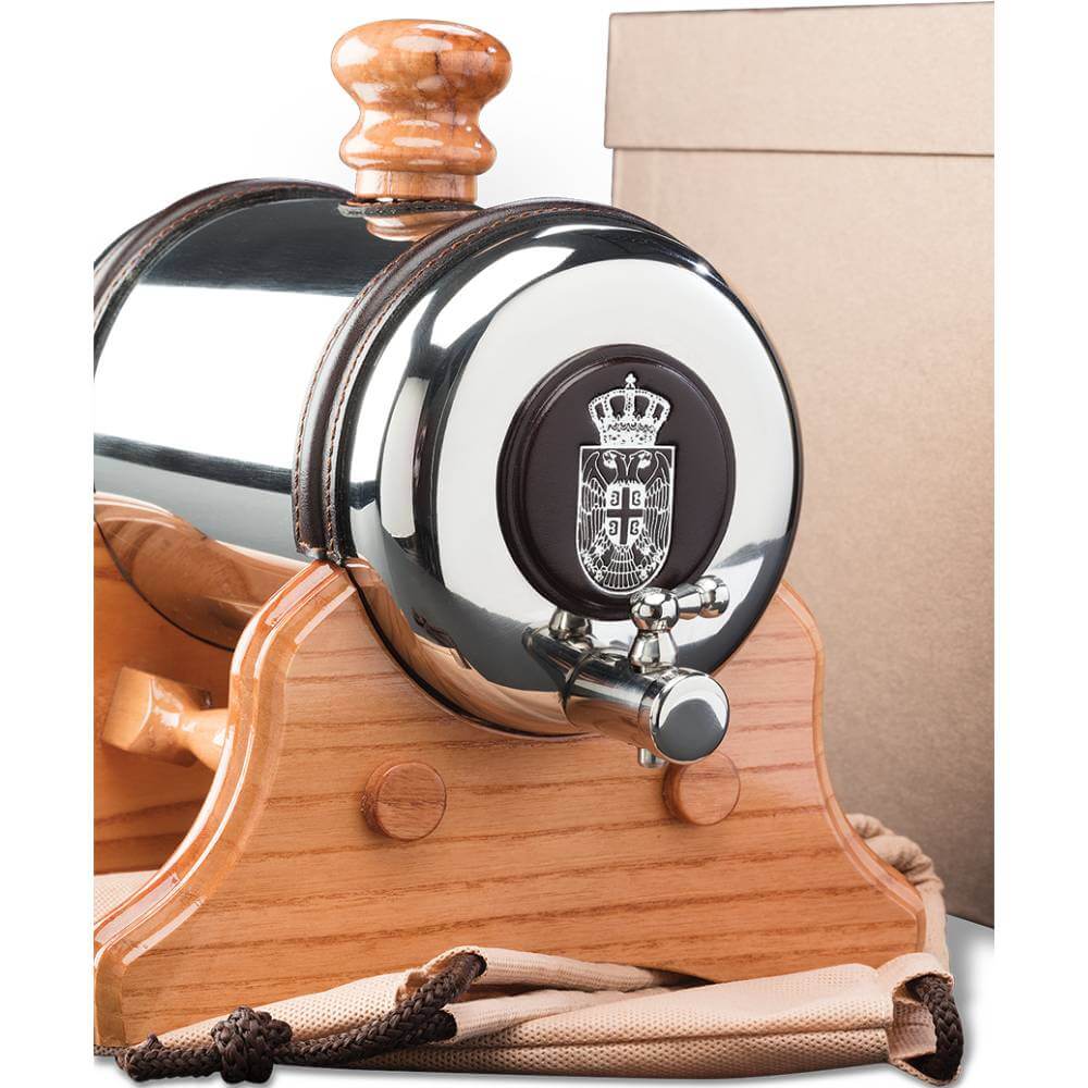 526.3 Princ Leather bure za sto od prohroma, zapremine 2l, sa drvenim postoljem i grbom srbije na prednjoj strani