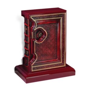 Ukrasni kožni sef u obliku knjige sa bogatim reljefnim detaljima u crvenoj i zlatnoj boji