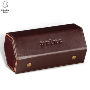 Zatvorena kutija za satove braon boje, sa princ leather natpisom na njemu