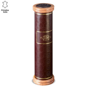 Cilindar od tamno smeđe kože sa zlatnim ornamentima i drvenom bazom, futrola za diplomu.