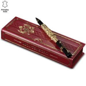 Crvena kutija od prirodne kože sa zlatnim detaljima i natpisom "Montenegro"