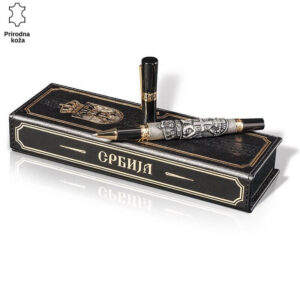 Kutija i hemijska olovka u crnoj i zlatnoj boji sa motivima Srbije
