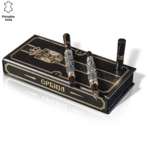Luksuzna kutija za olovke od crne kože sa natpisom "Srbija" i dekorativnim metalnim detaljima