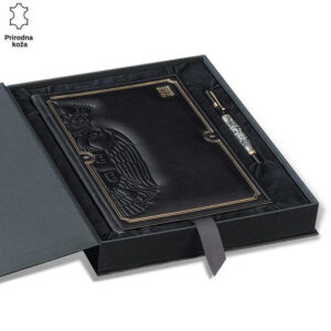 Crna kožna sveska sa amblemom krune u kutiji