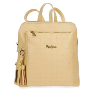 Svjetlo bež ranac sa kvadratnim uzorkom i logotipom brenda Pepe Jeans na prednjem džepu.