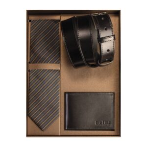 Trodelni muski poklon set, novcanik, kais i kravata crne boje, brenda Princ leather.