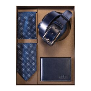 Trodelni muski poklon set, novcanik, kais i kravata plave boje, brenda Princ leather.