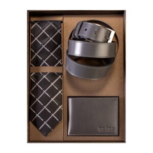 Trodelni muski poklon set, novcanik, kais i kravata sive boje, brenda Princ leather.