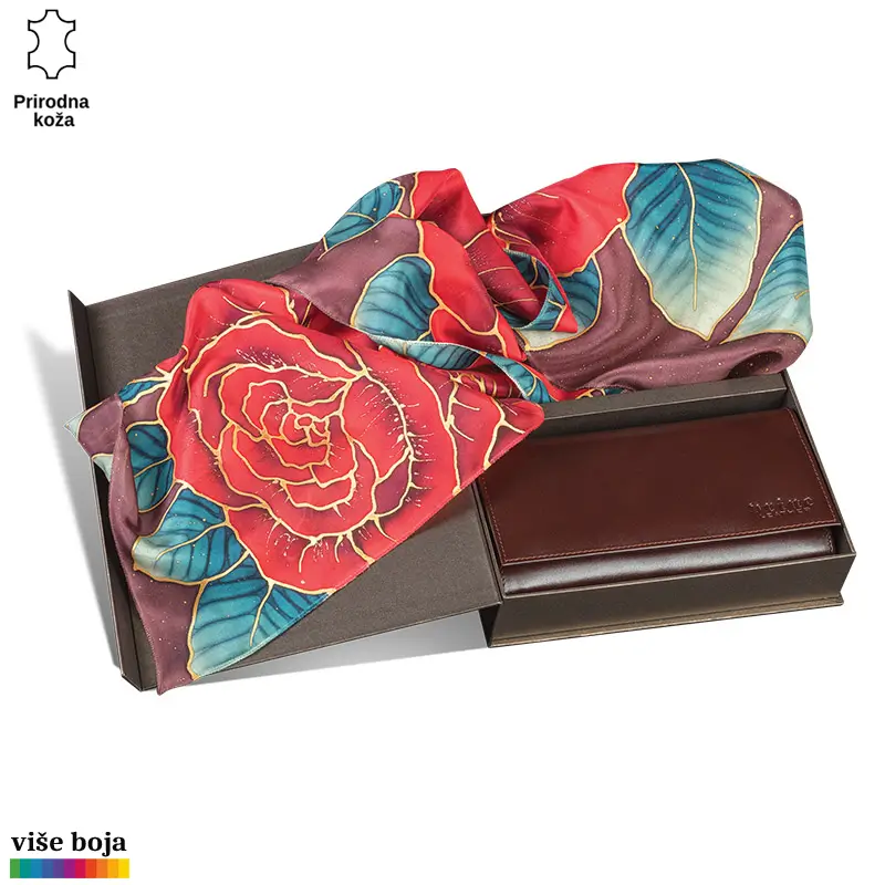 871-1-copy Šareni svileni šal sa motivom crvenih i plavih ruža pored elegantnog kožnog novčanika brenda Princ Leather.