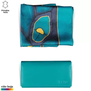 DVODELNI ŽENSKI SET LUX EŠARPA I NOVČANIK 9 Šal plavih nijansi sa šarenim uzorkom nalazi se pored elegantnog tirkiznog kožnog novčanika Princ Leather.