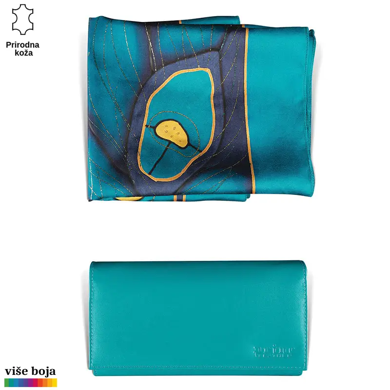871-10-copy Šal plavih nijansi sa šarenim uzorkom nalazi se pored elegantnog tirkiznog kožnog novčanika Princ Leather.