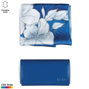 DVODELNI ŽENSKI SET LUX EŠARPA I NOVČANIK 5 Plavi šal sa cvetnim motivom i plava kožna torbica brenda Princ Leather.