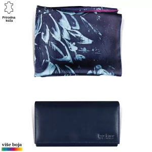 DVODELNI ŽENSKI SET LUX EŠARPA I NOVČANIK 8 Šal u tamnim bojama sa apstraktnim motivima pored tamnoplave kožne torbice brenda Princ Leather.