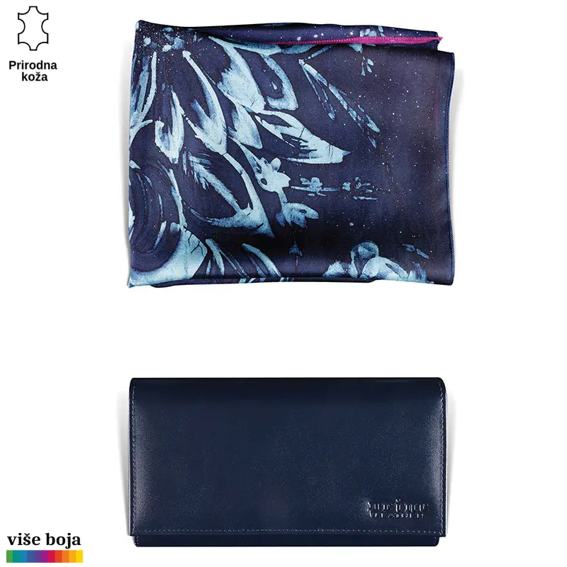 871-13-copy Šal u tamnim bojama sa apstraktnim motivima pored tamnoplave kožne torbice brenda Princ Leather.
