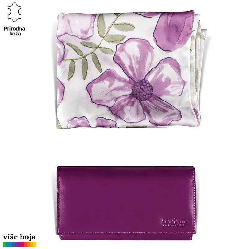 871-14-copy Šal sa cvetnim uzorkom u ljubičastim nijansama i ljubičasta kožna torbica