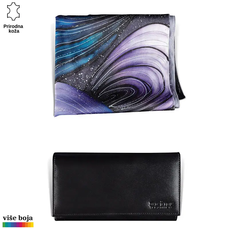 871-2-copy Gornji deo šala sa apstraktnim ljubičastim i plavim uzorkom pored crne kožne tašne brenda Princ Leather.