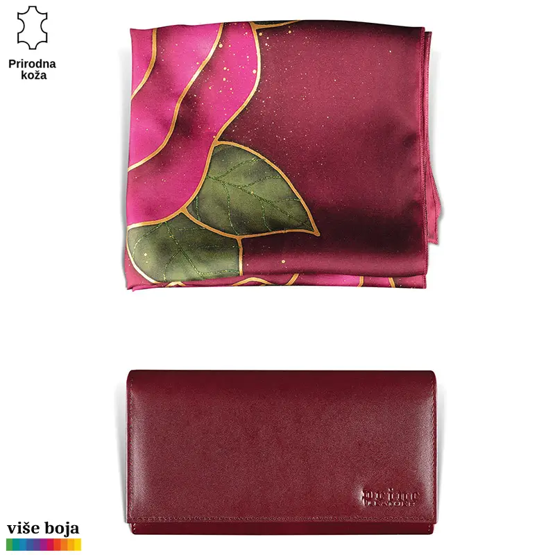 871-3-copy Svilenkasta marama sa floralnim motivom i tamnocrvani kožni novčanik brenda Princ Leather.