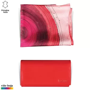 Svilenkasta marama crvenih i roze nijansi sa uzorcima i crveni kožni novčanik brenda Princ Leather.