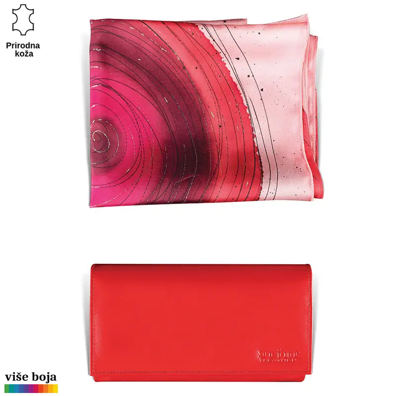 871-4-copy Svilenkasta marama crvenih i roze nijansi sa uzorcima i crveni kožni novčanik brenda Princ Leather.