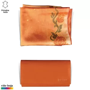 DVODELNI ŽENSKI SET LUX EŠARPA I NOVČANIK 3 Narandžasti Princ Leather kožni šal sa motivima cvetova