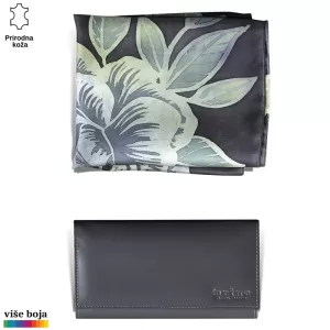 DVODELNI ŽENSKI SET LUX EŠARPA I NOVČANIK 7 Ženski crni novčanik od Princ Leather-a sa otiskom logoa. Pored novčanika je šal sa floralnim motivom u sivim tonovima.