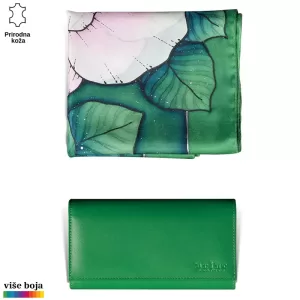 DVODELNI ŽENSKI SET LUX EŠARPA I NOVČANIK 10 Marama sa zelenim i belim cvetnim motivima pored zelene kožne torbice brenda Princ Leather.