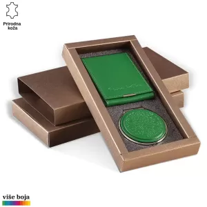 Zeleni kožni set Princ Leather u poklon kutiji sa novčanikom i okruglim podmetačem.