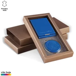 Plavi kožni set sa futrolom za kartice i ogledalom