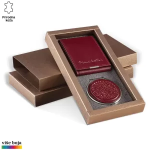 Kožni poklon set u smeđoj kutiji sa crvenim novčanikom i okruglim ogledalom brenda Princ Leather.