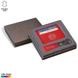 Elegantni crveni kožni komplet Princ Leather sa etuijem za kartice i priveskom za ključeve u poklon kutiji.