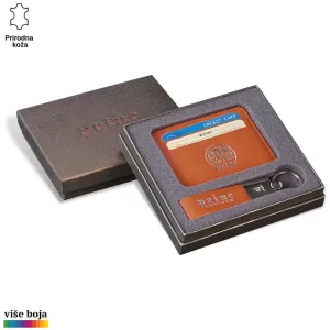 Elegantni poklon set smeđeg novčanika i privezak za ključeve u kutiji