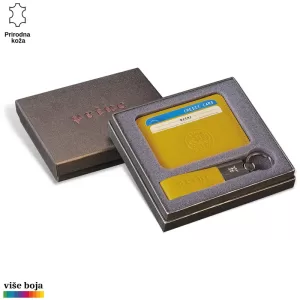 Zlatni kožni novčanik i privezak u poklon kutiji